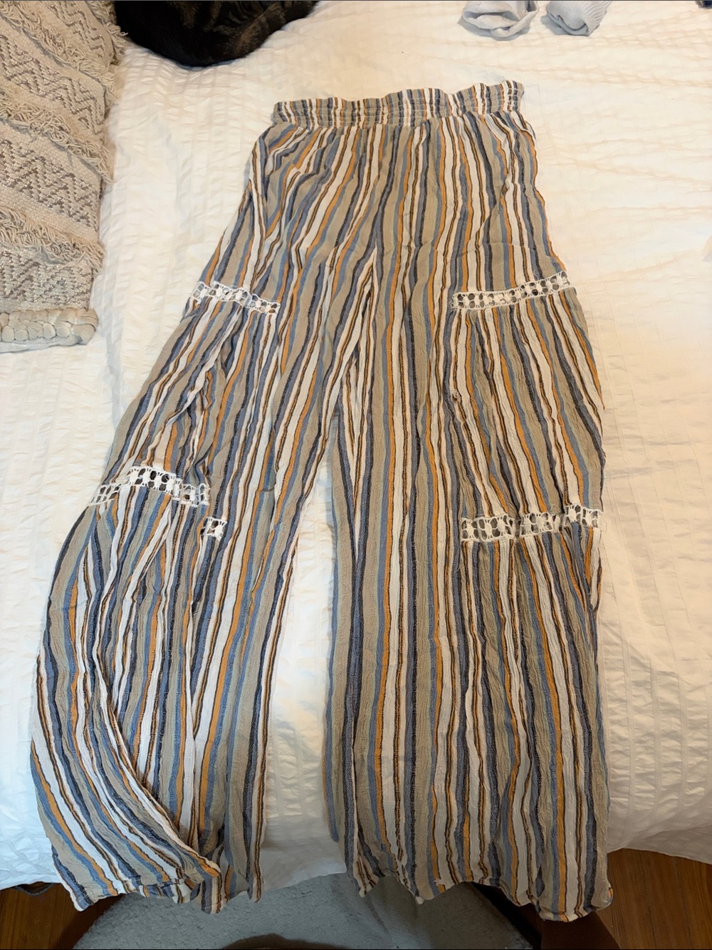 Angie Striped Wide-Leg Pants in Blue, Tan & White